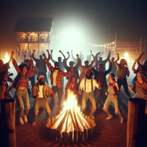 A group of people celebrating at a farm gathering around a blazi...