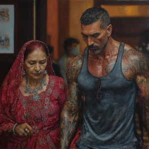 Hyperrealism photo painting,A sweaty beefy kashmiri man walking...