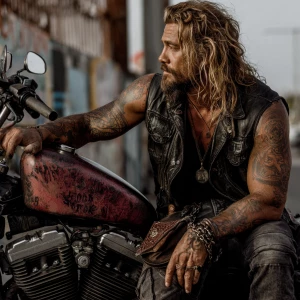 The image shows a muscular bodybuilder man with a tattooed arm s...