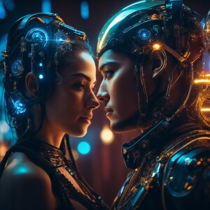 Futuristic cyborg man and woman Latin  looking to the side, mech...