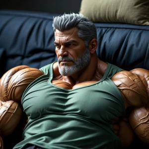 Create an image of a muscular, mature bodybuilder with gray hair...