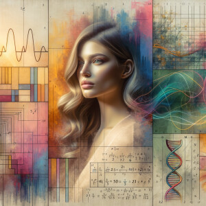 Abstract, minimalist, painting, with pencil line, paint stroke, gestures, colorful marks, mathematical equations, electrical cardiogram, printouts complex math formulas, dna asian teen girl