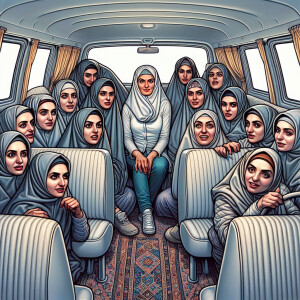 inside a minivan with curtains filled with muslim irani school w...
