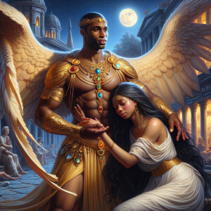 Create an oil painting image featuring a male angel and a grievi...