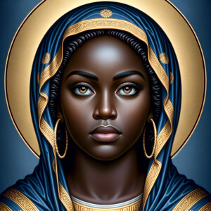 Create a beautiful African-American Jesus Christ with Hazel, brown eyes and blue and gold robe