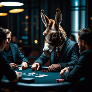 Anthropomorphic donkey sitting at a poker table playing poker wi...