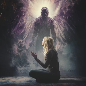 Create a cinematic image featuring a petite blonde woman crouche...