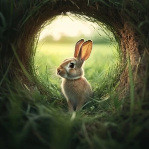create an image of a rabbit coming out of a hole in a grassy fie...