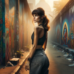 Athletic Thin skinny Attractive, Asian teenage girl, long brown hair and bangs, wearing tight skinny jeans and a halter top paint marks on her clothing, heroic pose Asian graffiti background, backside view