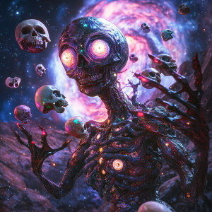 An extraterrestrial creature, with iridescent skin and multiple...