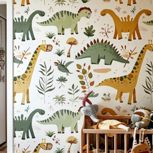 Decorate your child's room with adorable dinosaur-themed wallpap...