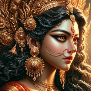 Side view portrait of gorgeous and angry goddess durga. intricately detailed depiction of a goddess. gold jewelry all over body. sharp nose, light skin, beautiful brown eyes, wavy black hair, ultra detailed face. Wearing red saree, a lot of ear piercings, uhd, hdr, 64k, epic scene. Photography, ultra detailed face, epic, 8K