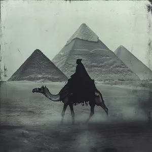 A mysterious queen riding past the great pyramids on a camel, go...