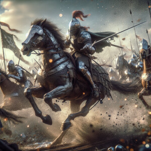 A knight on horseback charging into battle trail cam footage, ph...