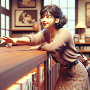 girl in short skirt reaching over a counter to grab something