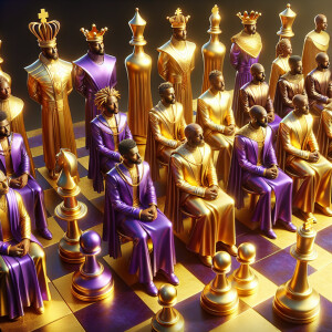 3-D realistic oil, painting, Oh a gold, and purple human chessbo...
