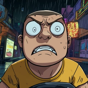 A cartoon character with a large round head, big white eyes with...