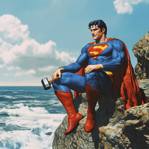 Create a 3D anime-style scene featuring Superman, the iconic sup...
