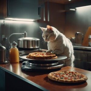 A cybernetic cat with robotic features preparing a pizza in a fu...