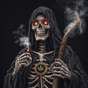 The highly detailed digital illustration depicts a sinister skel...