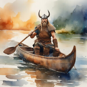 Viking warrior in a canoe