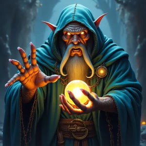 An unearthly schlocky sorcerer, his long, gnarled fingers wrappe...