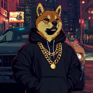 A gangster Shiba Inu cat inspired by Dogecoin, in urban GTA-styl...