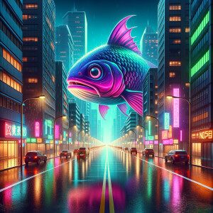 Cute giant purple and neon green piranha