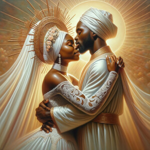 Imagine a hyper-realistic oil painting that captures a tender moment between theAfrican American bride and her God. The setting is intimate and filled with soft, warm lighting that enhances the emotional depth of the scene. The bride, in herexquisite wedding gown, shares a heartfelt embrace with her african-American Lord Jesus , who is dressedin an elegant outfit that complements the wedding's color scheme. Their expressions are full of love, pride, and joy, reflecting the special bond between them. Theattention to detail is paramount, from the intricate designs of their dresses to the subtle emotions conveyed in their facial expressions. The background is a blur ofgentle pastel hues, ensuring that the focus remains on this touching moment. Thispainting should convey the warmth, love, and depth of the relationship, with the rich textures and vibrant strokes characteristic of oil paintings, capturing the essence of this significant pre-wedding moment.