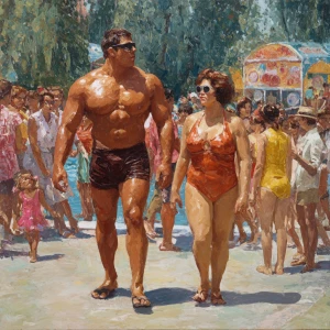 oil painting,a muscular beefy kashmiri son in law walking ,with...