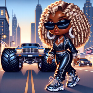 A chic, Chibi-style melanin woman with glossy blonde coiled temp...