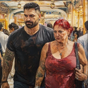 Realism sharp detailed painting.A sweaty beefy man walking with...