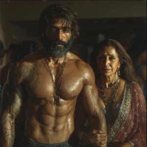 Create a hyperrealism,photo painting of a muscular, tattooed Ind...