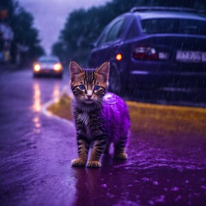 Small purple car in road. Heavy rain soaks cats fur and whiskers...