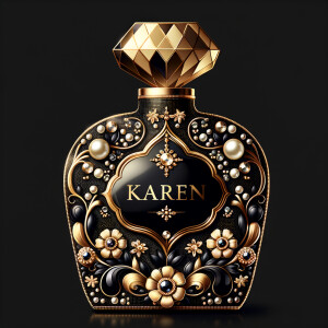 Design a fancy, black and gold bottle of perfume in the shape of a woman’s body. With a golden diamond top, flowers pearls and Diamonds in the name, Karen