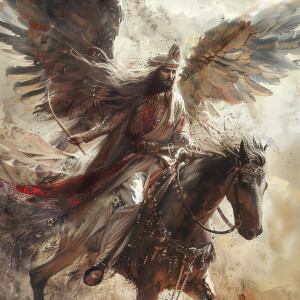 Middle Eastern Jesus Christ with wings on a horse