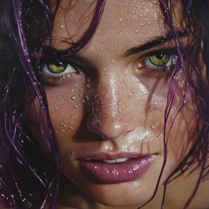 a striking close-up portrait of a caucasian woman, with wet purp...