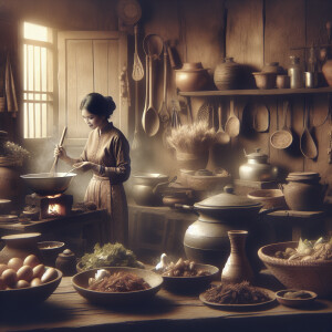 Lady in old kitchen cooking, nice homey feel