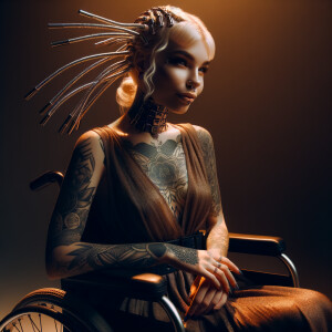 cybergoth, blonde hair, tattoos, cyberhair, mesh tubes, cyberlox, wheelchair,