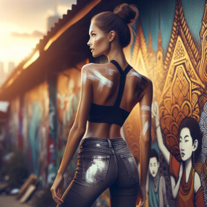 Athletic Thin skinny Attractive, Asian teenage girl, long brown hair and bangs, wearing tight skinny jeans and a halter top paint marks on her clothing, heroic pose Asian graffiti background, backside view