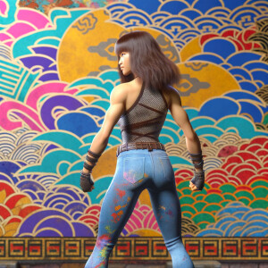 Athletic Thin skinny Attractive, Asian teenage girl, long brown hair and bangs, wearing tight skinny jeans and a halter top paint marks on her clothing, heroic pose Asian graffiti background, backside view