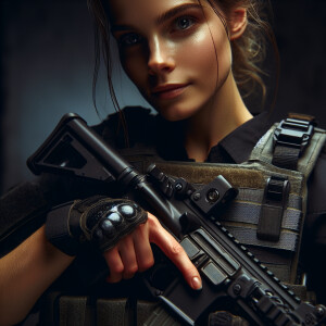 Mujer armada y con chaleco antibalas con una uzi posando para la...