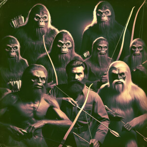 Several humanoid looking sasquatch surrounded by Indian men with...
