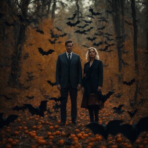 A sinister man and woman are standing in a dark forest, surround...