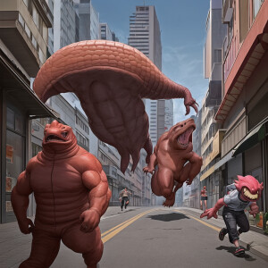 Generate three hoodlums in front of a bodega across a red sky, w...