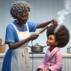 Create a realistic 3-D image of an african-American grandmother wearing a blue house dress and a white apron . She is in the kitchen with her african-American granddaughter. Her granddaughter is wearing a pink bath robe. The grandmother has a hot comb in her hand and she is straightening her granddaughters hair. One side of her granddaughters hair is in  a Afro the other straight 
There is smoke coming from the hot comb
The granddaughter is making a face as if to say grandma that hurt