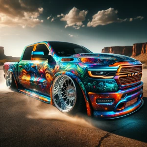 A gleaming, lowrider Dodge Ram 1500, its bodywork a swirling can...