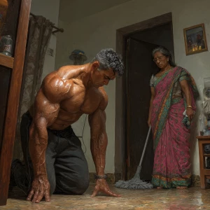 Hyperrealism digital painting ,a indian muscular beefy sweaty...