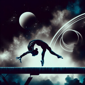 Create an image depicting the silhouette of a female gymnast exe...
