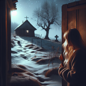 A girl with blonde hair opens the door of a house, looks at a gr...